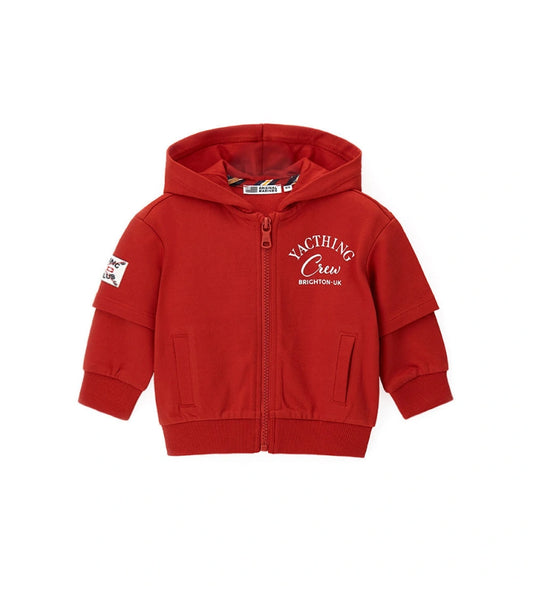 Παιδική βαμβακερή ζακέτα hoodie για αγόρι σε κόκκινο χρώμα με φερμουάρ και τύπωμα.