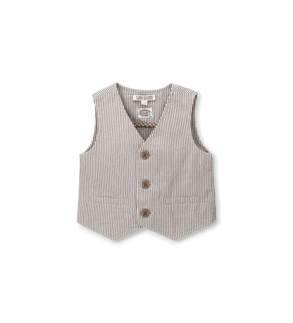 Παιδικό ριγέ γιλέκο για αγόρι από βαμβάκι και λινό με κουμπιά και διακοσμητικές τσέπες.