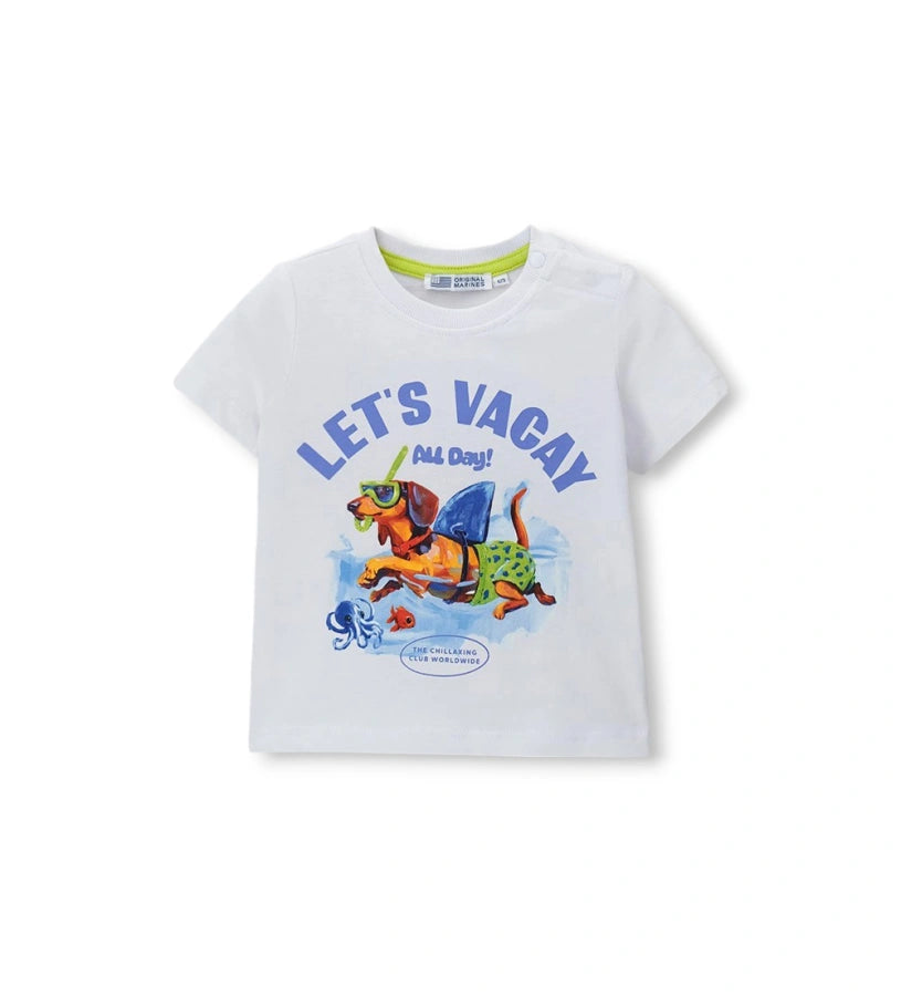 Παιδικό T-shirt για αγόρι σε λευκό χρώμα με πολύχρωμο καλοκαιρινό τύπωμα.
