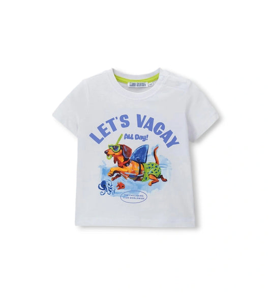 Παιδικό T-shirt για αγόρι σε λευκό χρώμα με πολύχρωμο καλοκαιρινό τύπωμα.