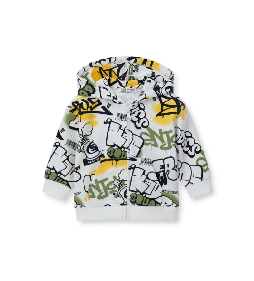 Παιδική ζακέτα για αγόρι κρεμ με κουκούλα και allover print Original Marines.