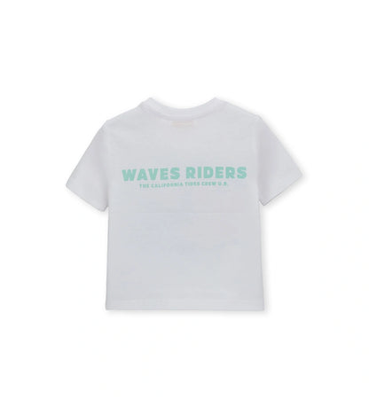 Μπροστινή όψη λευκού βαμβακερού T-shirt για αγόρια με στρογγυλή λαιμόκοψη και στάμπα.