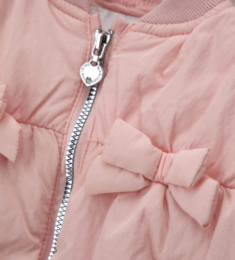 Ροζ πουπουλένιο μπομπέρ Original Marines για κορίτσι 6 μηνών–5 ετών με φιόγκους και φερμουάρ για ζεστασιά σε παιδικό σταθμό και βόλτες