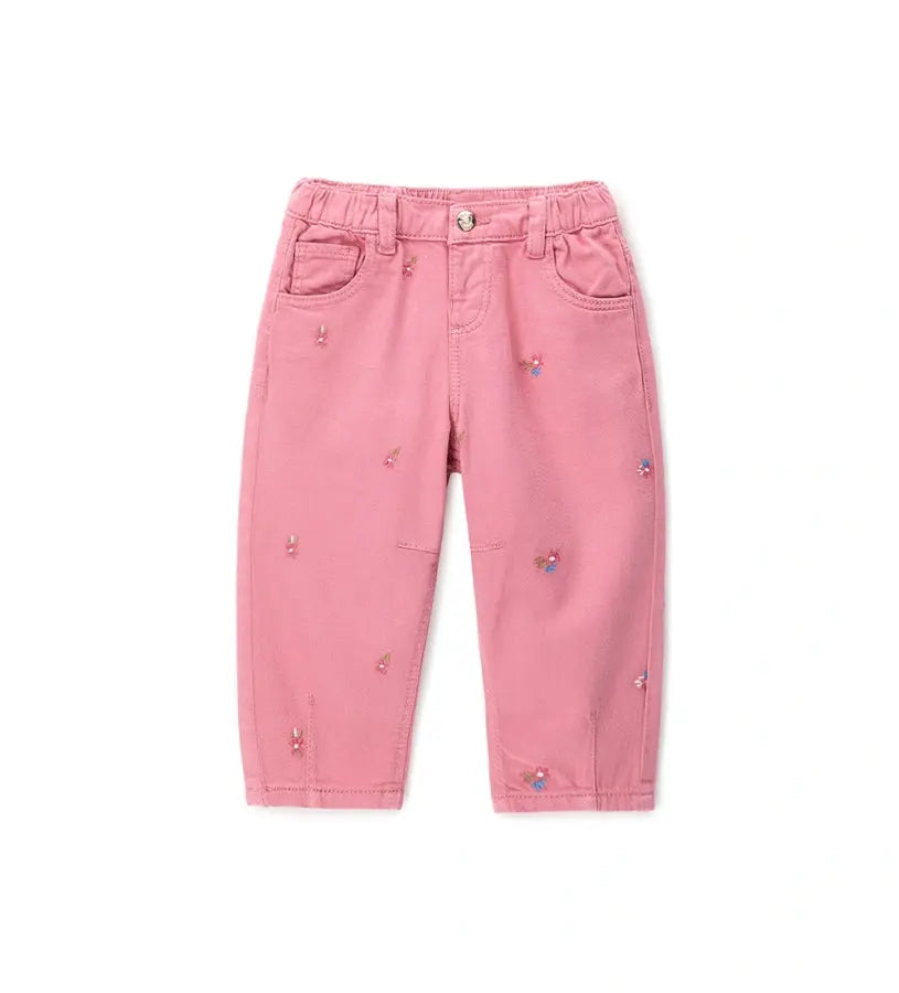 Κοριτσίστικο παντελόνι Original Marines σε ροζ χρώμα με κεντημένα λουλούδια σε όλη την επιφάνεια.