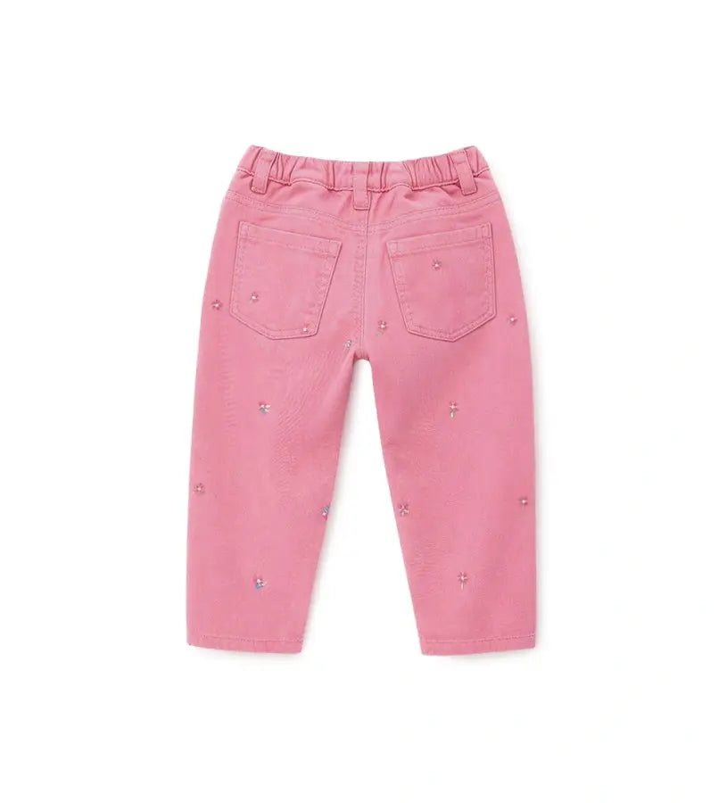 Κοριτσίστικο παντελόνι Original Marines σε ροζ χρώμα με κεντημένα λουλούδια σε όλη την επιφάνεια.