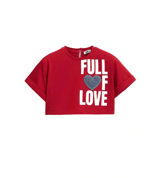 Κόκκινη παιδική μπλούζα για κορίτσι με διακοσμητικό τύπωμα και κοντά μανίκια.