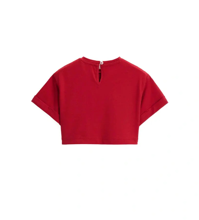 Η πίσω όψη της κόκκινης μπλούζας που δείχνει το άνοιγμα teardrop για εύκολη εφαρμογή.