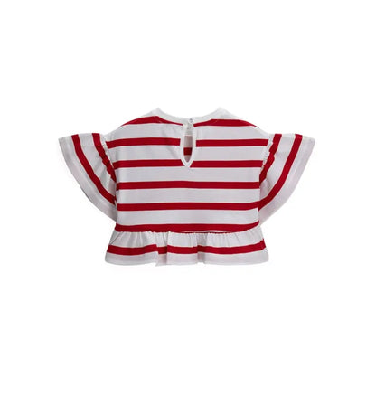 Η πίσω πλευρά της παιδικής μπλούζας με τη λεπτομέρεια από το κλείσιμο με κουμπάκι στη λαιμόκοψη.