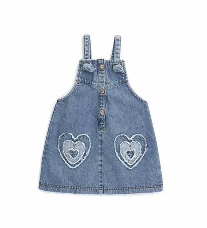 Παιδική τζιν σαλοπέτα για κορίτσι με διακοσμητικά απλικέ σχέδια.