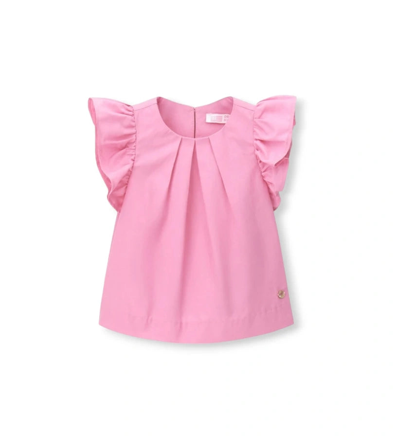 Παιδική αμάνικη μπλούζα για κορίτσι σε ροζ χρώμα από 100% βαμβακερή ποπλίνα με βολάν.