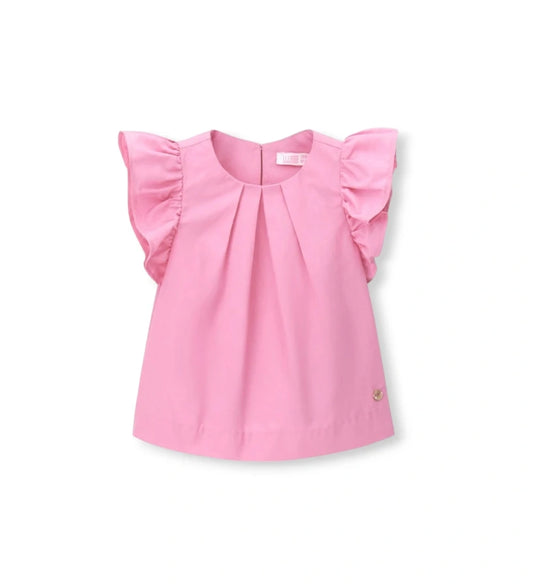 Παιδική αμάνικη μπλούζα για κορίτσι σε ροζ χρώμα από 100% βαμβακερή ποπλίνα με βολάν.