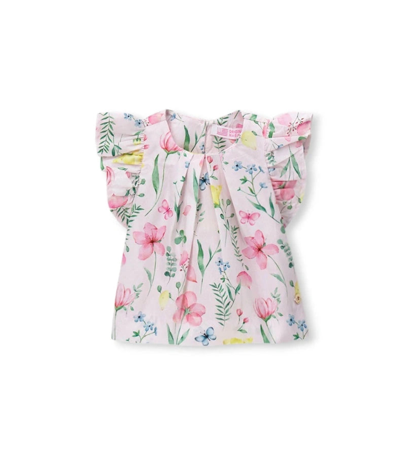 Παιδική αμάνικη μπλούζα για κορίτσι από βαμβακερή ποπλίνα με φλοράλ σχέδιο και βολάν.