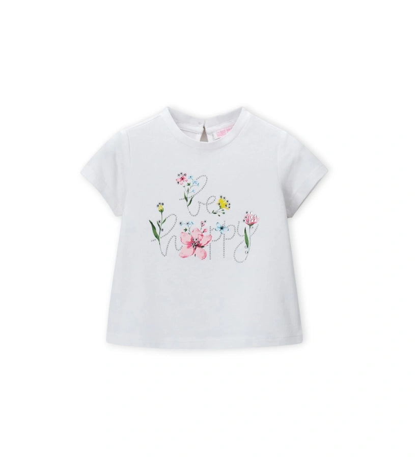 Παιδικό κοντομάνικο μπλουζάκι για κορίτσι από ελαστικό βαμβάκι με λαμπερή στάμπα.