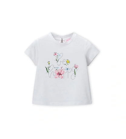 Παιδικό κοντομάνικο μπλουζάκι για κορίτσι από ελαστικό βαμβάκι με λαμπερή στάμπα.
