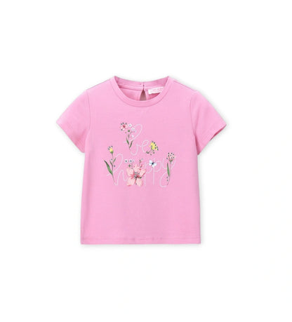 Παιδικό κοντομάνικο μπλουζάκι για κορίτσι από ελαστικό βαμβάκι με λαμπερή στάμπα.