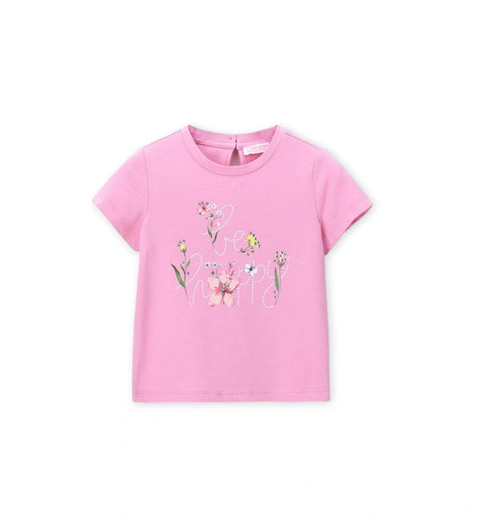 Παιδικό κοντομάνικο μπλουζάκι για κορίτσι από ελαστικό βαμβάκι με λαμπερή στάμπα.