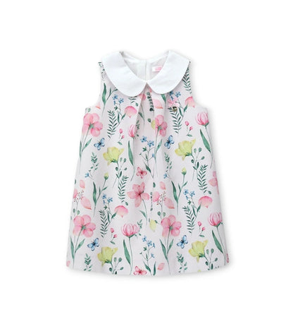 Παιδικό φόρεμα για κορίτσι από 100% βαμβάκι nido d'ape με φλοράλ σχέδιο και σατέν φιόγκο.