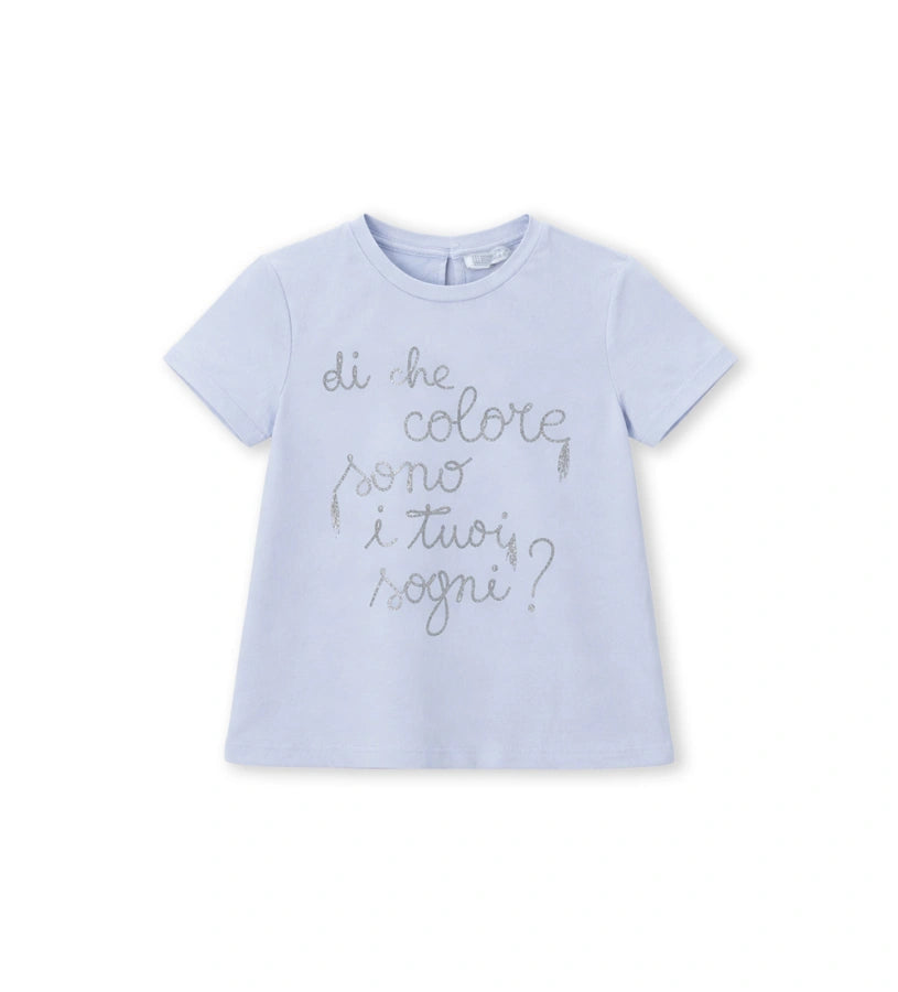 Παιδικό σιέλ T-shirt για κορίτσι με διακοσμητική στάμπα και glitter Original Marines.