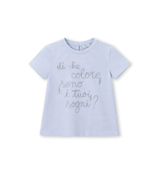 Παιδικό σιέλ T-shirt για κορίτσι με διακοσμητική στάμπα και glitter Original Marines.