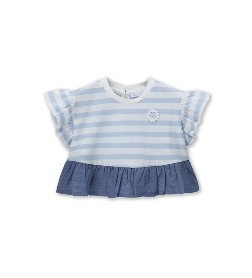 Παιδικό ριγέ T-shirt για κορίτσι με βολάν chambray και κέντημα λουλούδι Original Marines.