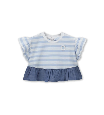 Παιδικό ριγέ T-shirt για κορίτσι με βολάν chambray και κέντημα λουλούδι Original Marines.