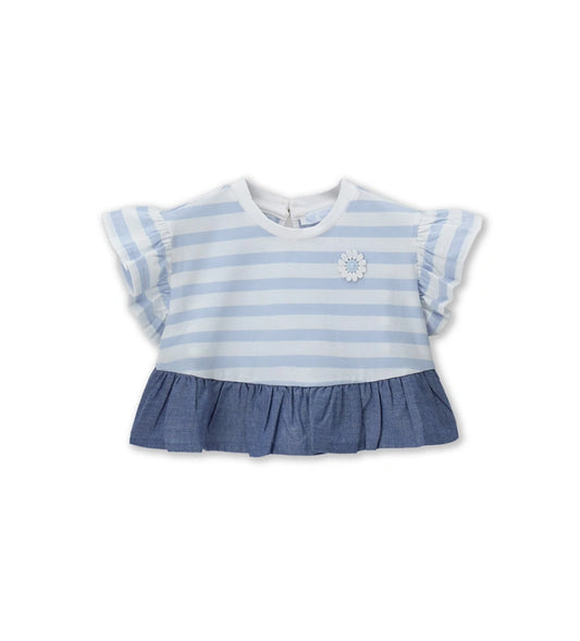 Παιδικό ριγέ T-shirt για κορίτσι με βολάν chambray και κέντημα λουλούδι Original Marines.