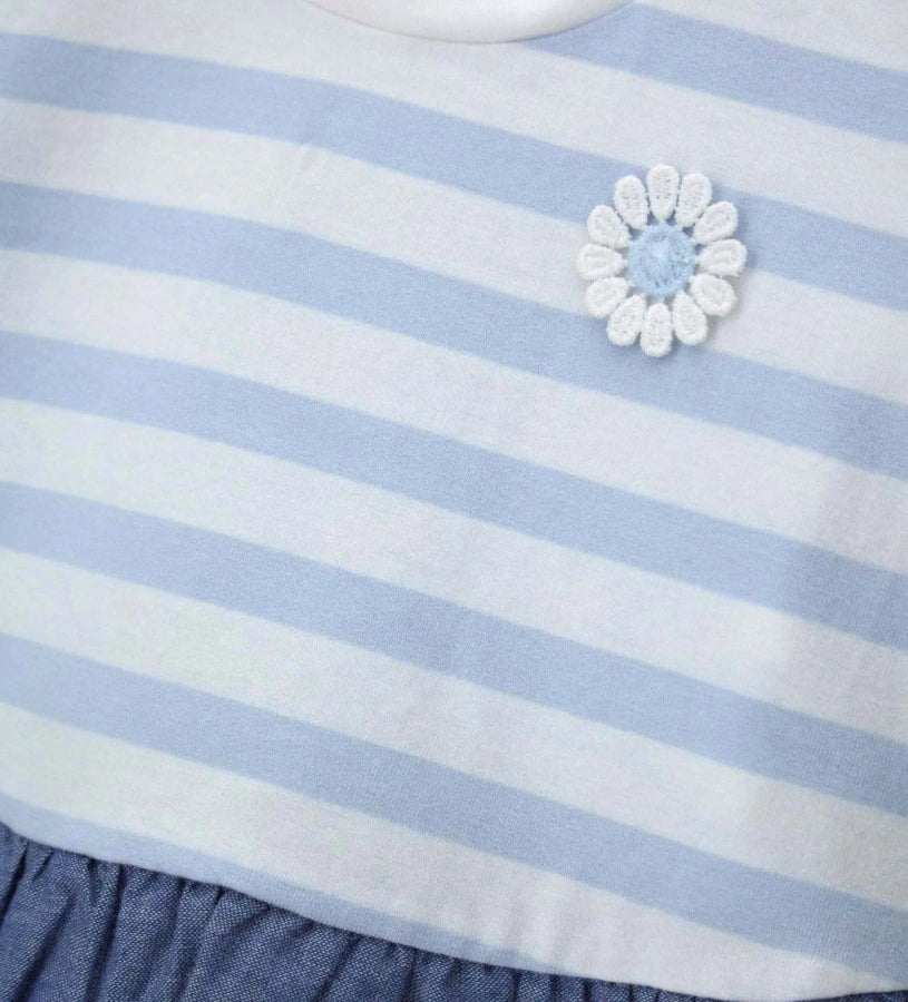 Παιδικό ριγέ T-shirt για κορίτσι με βολάν chambray και κέντημα λουλούδι Original Marines.