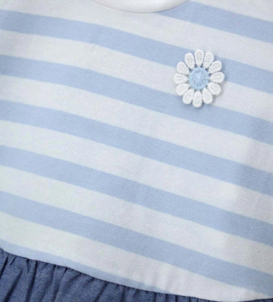 Παιδικό ριγέ T-shirt για κορίτσι με βολάν chambray και κέντημα λουλούδι Original Marines.