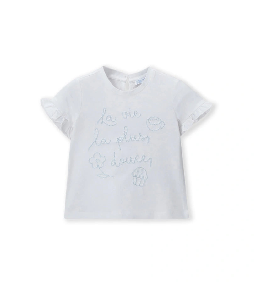Παιδικό λευκό T-shirt για κορίτσι με μανίκια βολάν και κέντημα Original Marines.