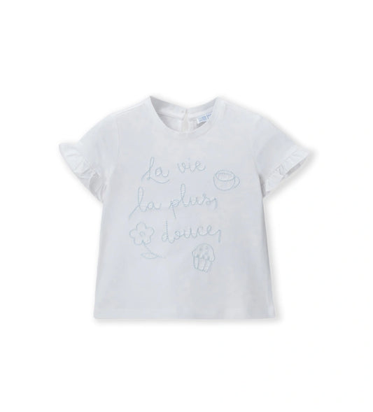Παιδικό λευκό T-shirt για κορίτσι με μανίκια βολάν και κέντημα Original Marines.