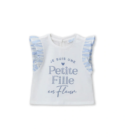 Παιδικό λευκό T-shirt για κορίτσι με ριγέ μανίκια βολάν από ποπλίνα Original Marines.