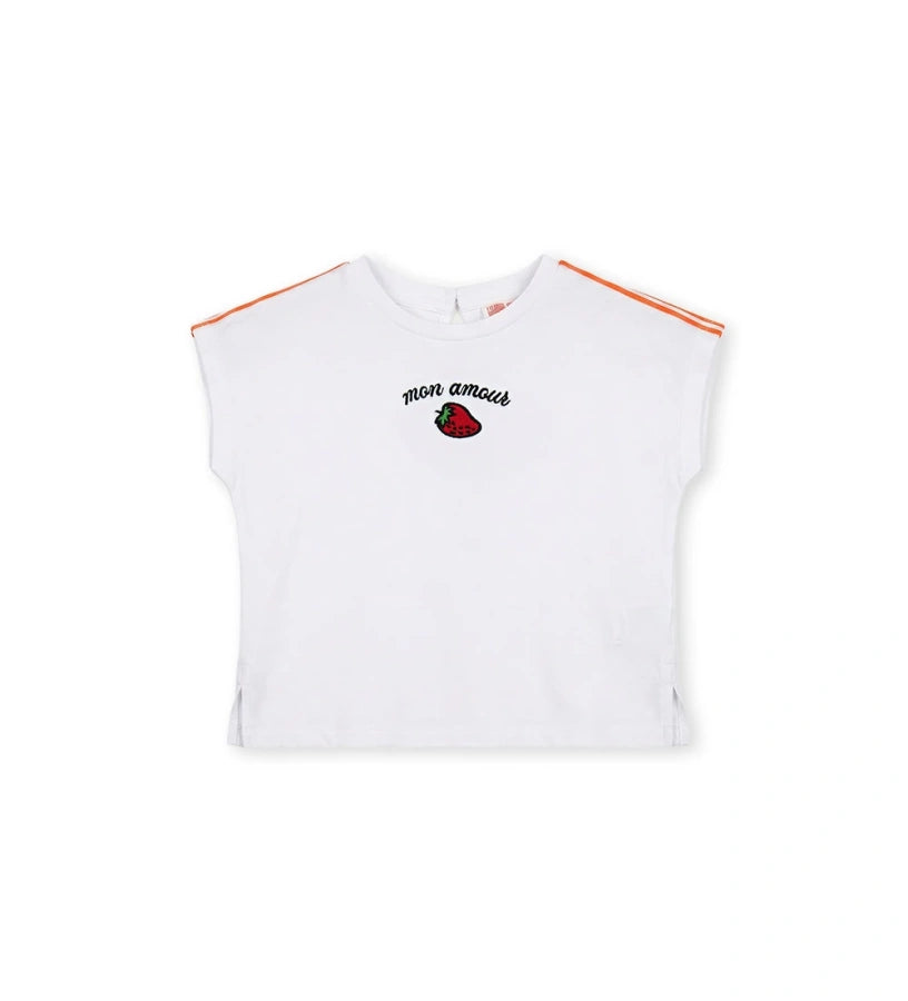 Μπροστινή όψη του λευκού κοριτσίστικου T-shirt από ελαστικό jersey για ηλικίες 6 μηνών έως 5 ετών.