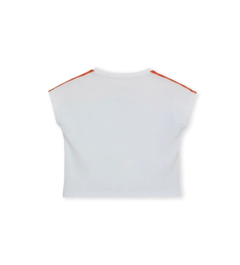 Μπροστινή όψη του λευκού κοριτσίστικου T-shirt από ελαστικό jersey για ηλικίες 6 μηνών έως 5 ετών.