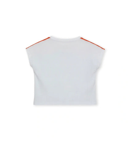 Μπροστινή όψη του λευκού κοριτσίστικου T-shirt από ελαστικό jersey για ηλικίες 6 μηνών έως 5 ετών.