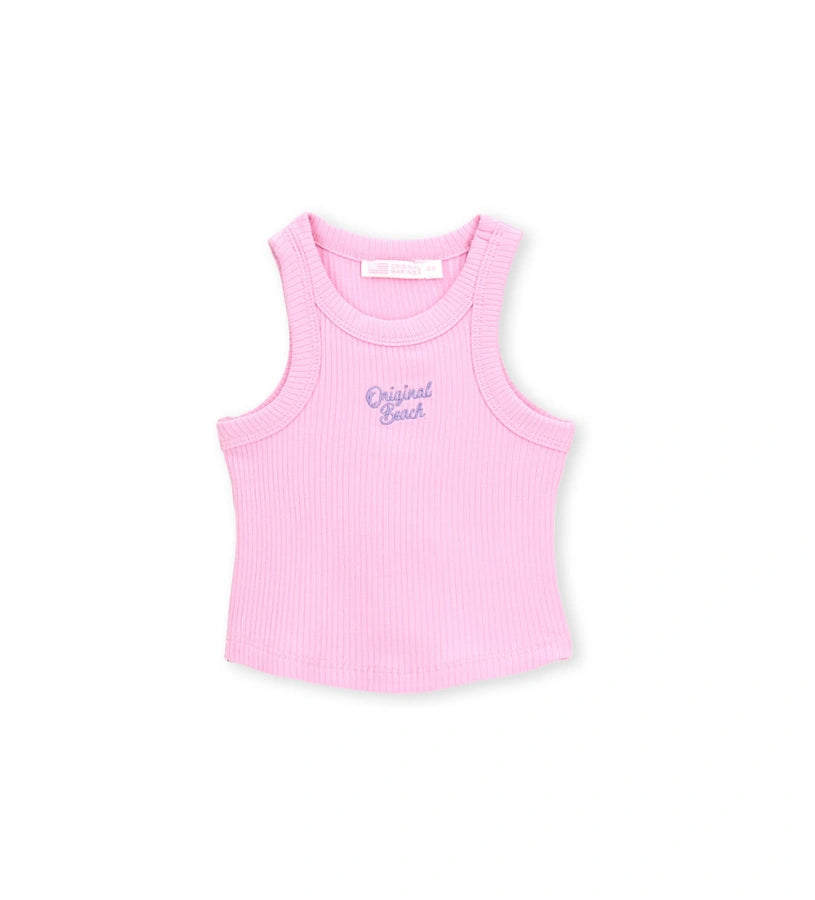 Μπροστινή όψη του ροζ κοριτσίστικου ριμπ tank top για ηλικίες 6 μηνών-5 ετών.