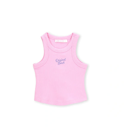 Μπροστινή όψη του ροζ κοριτσίστικου ριμπ tank top για ηλικίες 6 μηνών-5 ετών.