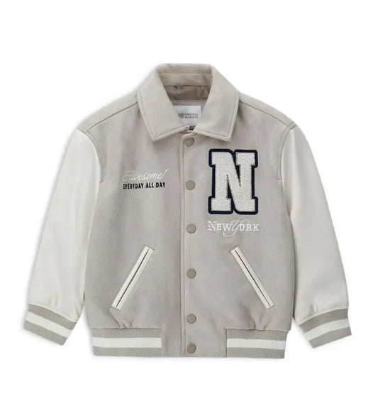 Παιδικό μπουφάν bomber για αγόρι σε στυλ varsity με suede σώμα και μανίκια δερματίνης.