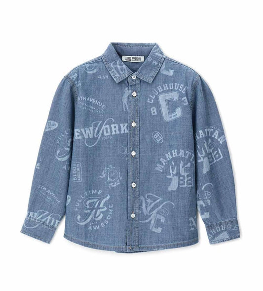 Παιδικό τζιν πουκάμισο για αγόρι σε μπλε χρώμα με μοντέρνα τυπώματα.