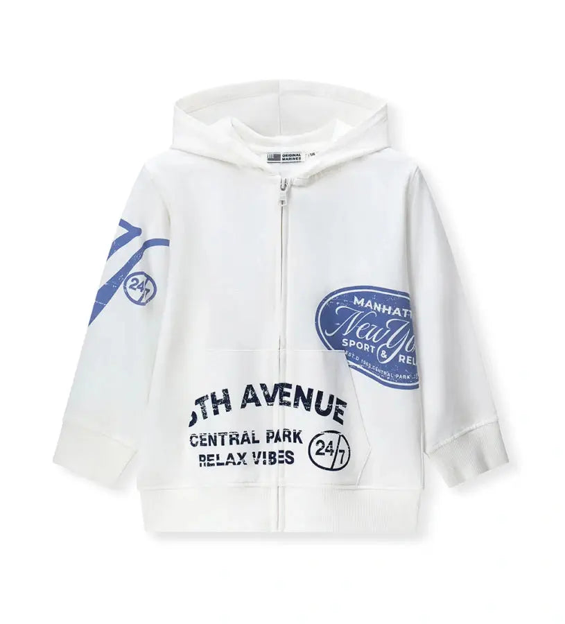 Λευκή παιδική ζακέτα Original Marines με κουκούλα, φερμουάρ και μπλε στάμπες New York.