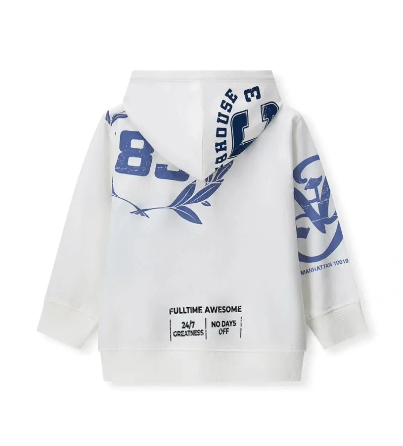 Λευκή παιδική ζακέτα Original Marines με κουκούλα, φερμουάρ και μπλε στάμπες New York.
