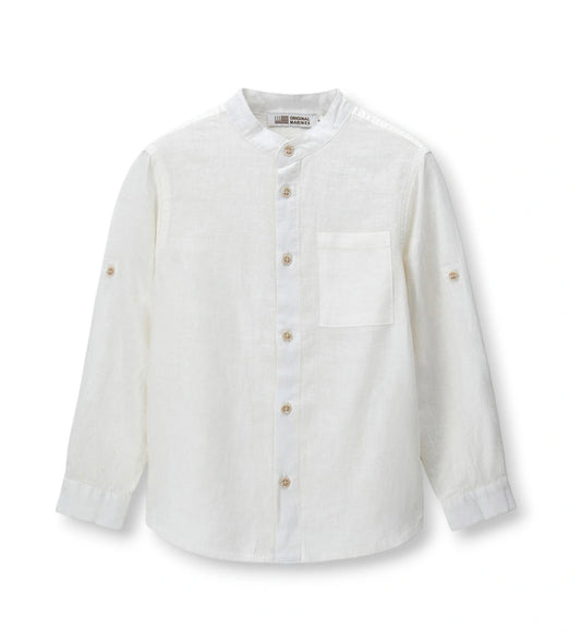 Παιδικό πουκάμισο για αγόρι σε λευκό χρώμα από λινό και βαμβάκι με μάο γιακά.