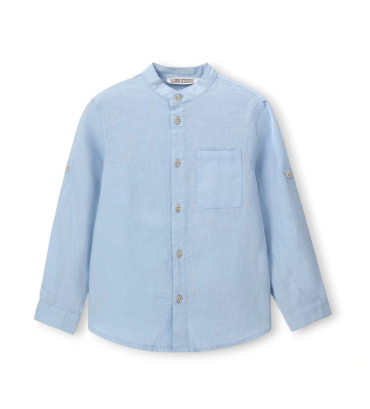 Παιδικό πουκάμισο για αγόρι σε σιέλ χρώμα με ρυθμιζόμενα μανίκια και τσέπη στο στήθος.