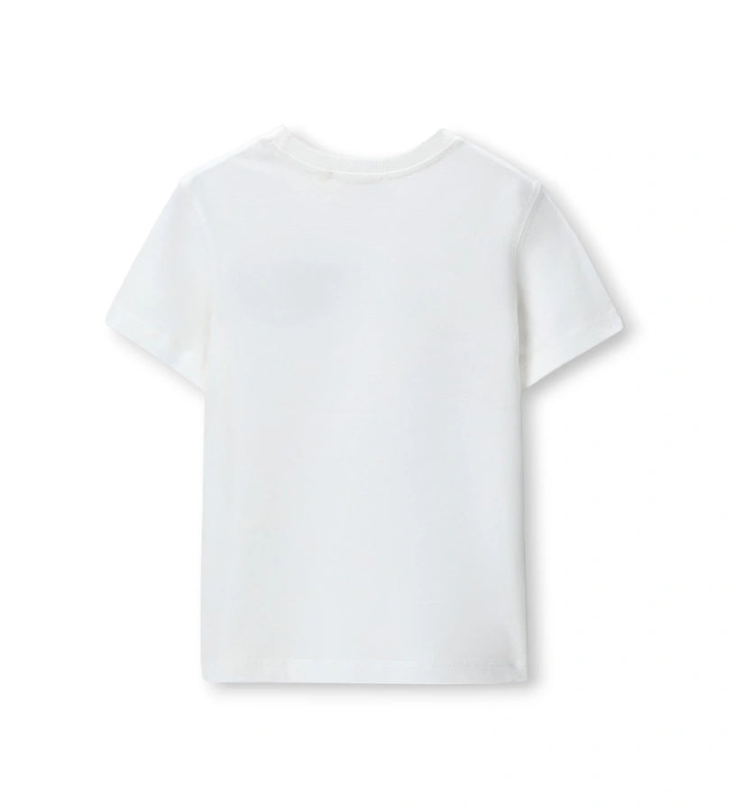Λευκό παιδικό T-shirt για αγόρι με κεντημένο λογότυπο και ριμπ λαιμόκοψη.