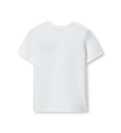 Λευκό παιδικό T-shirt για αγόρι με κεντημένο λογότυπο και ριμπ λαιμόκοψη.