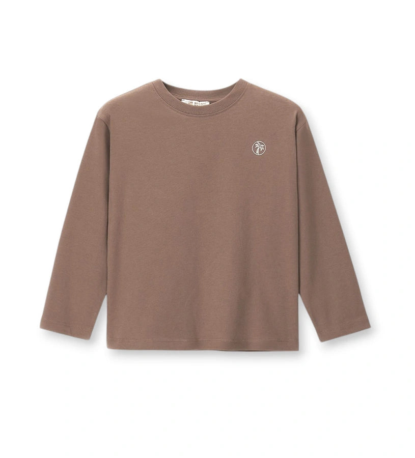 Παιδικό T-shirt για αγόρι μακρυμάνικο oversized σε καφέ χρώμα με στάμπα στο στήθος.