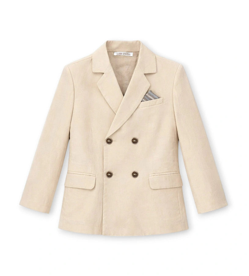 Παιδικό σταυρωτό σακάκι για αγόρι σε εκρού χρώμα από λινό και βαμβάκι Original Marines.