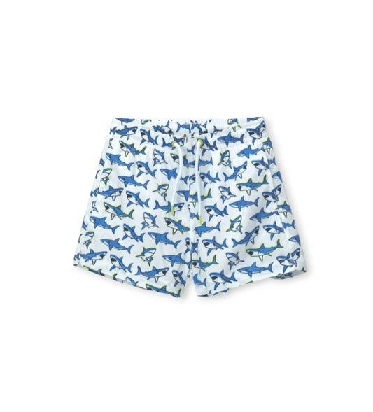 Παιδικό μαγιό για αγόρι λευκό με μπλε τυπώματα και ελαστική μέση με κορδόνι.