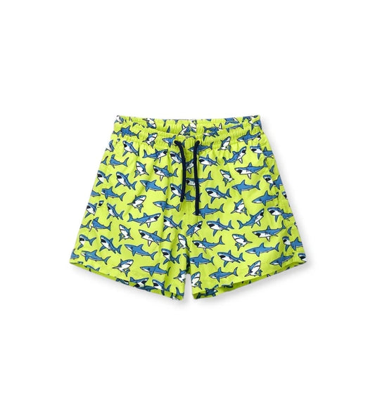 Παιδικό μαγιό για αγόρι κίτρινο με μπλε τυπώματα και ελαστική μέση με κορδόνι.