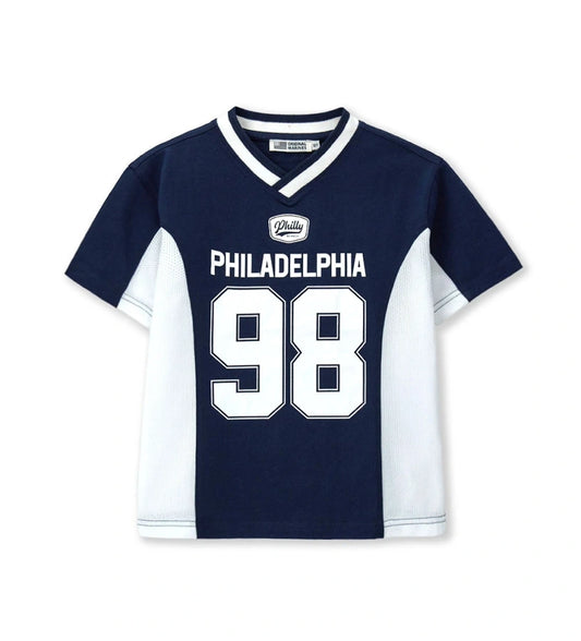 Παιδικό μπλε T-shirt για αγόρι 5-14 ετών με mesh λεπτομέρειες και sporty σχέδιο Original Marines.