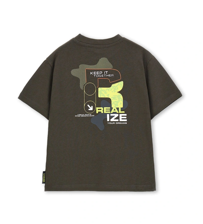 Παιδικό καφέ T-shirt για αγόρια 7-14 ετών με μοντέρνα σχέδια και ριμπ λαιμόκοψη.